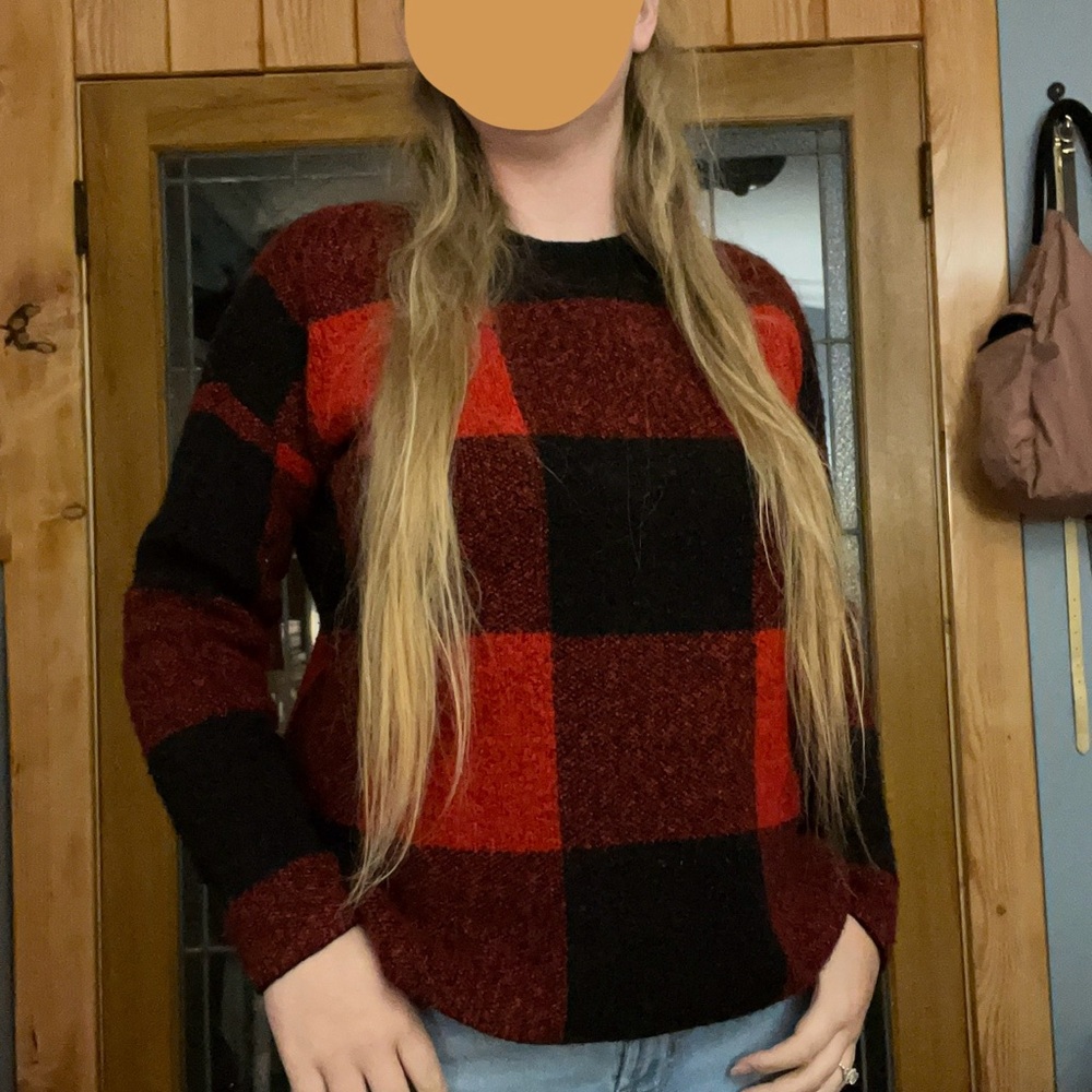 Women's Red and Black Plaid Sweater